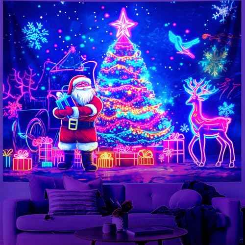 Merry Christmas Blacklight Tapestry Christmas Decorations Wall Hanging Xmas Tree Poster Glow in the Dark Tapestry for Bedroom Living Room Party Banners Decor