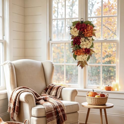 23" Fall Teardrop Swag Small Fall Hydrangea Wreath for Front Door Outside