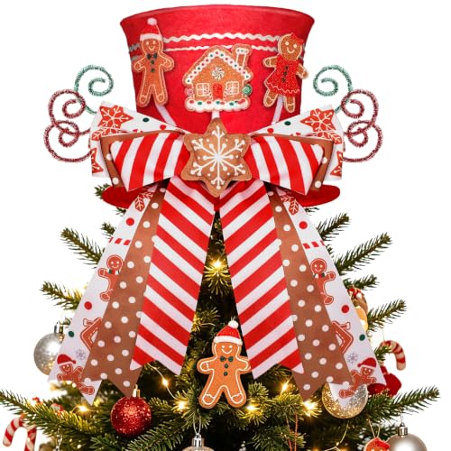 Gingerbread Christmas Tree Topper Red Top Hat with Candy Cane