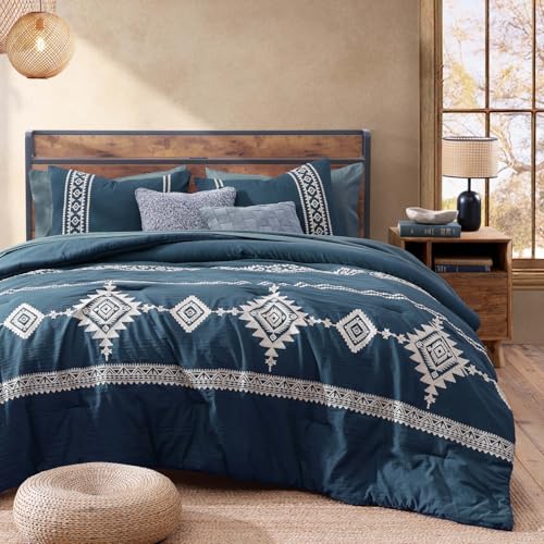 Embroidery Queen Comforter Set 7 Pieces Navy Blue Bed in a Bag