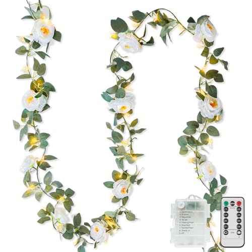 60LED Garland with White Camellia Lights Battery Operated Clear Wire