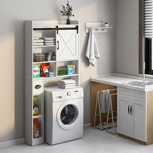Over The Toilet Storage Cabinet with Sliding Barn Door. White