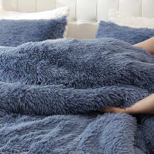 Fluffy Full Size Comforter Set Infinite Blue Faux Fur Comforter 3Pcs