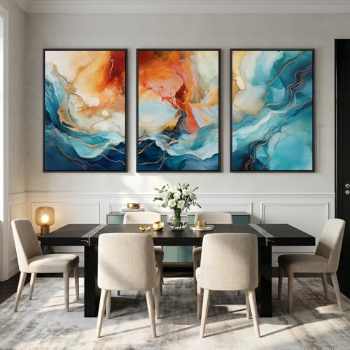Large Framed Blue Orange Abstract Wall Art for Living Room (3 Count)