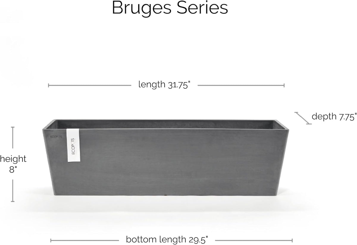 Ecopots Bruges Durable Modern Rectangular Indoor/Outdoor Recycled-Based Composite Flower Pot Planter, Grey, 31.5"