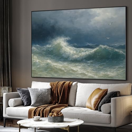 46"x60" Extra Large Framed Wall Art Dramatic Ocean Waves with Stormy Sky and Seagulls for Home Living Room Bedroom Decor