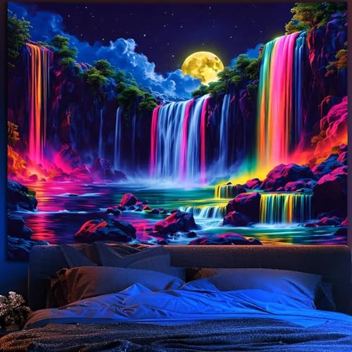 Blacklight Fantasy Waterfall Moon Tapestry