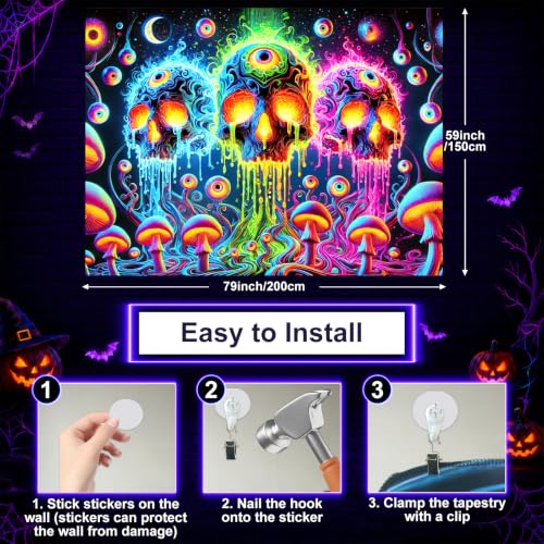 Blacklight Tapestry Skull Cosmic Room Wall Art 78 x 59 Inch