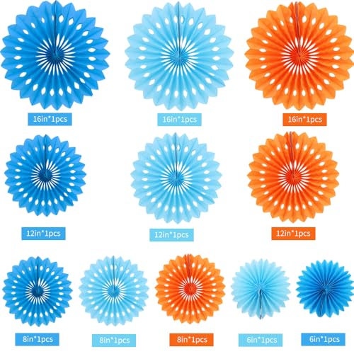 Honeycomb Round Paper Fan Blue Mix Orange Hanging Party Decoration (11 Count)