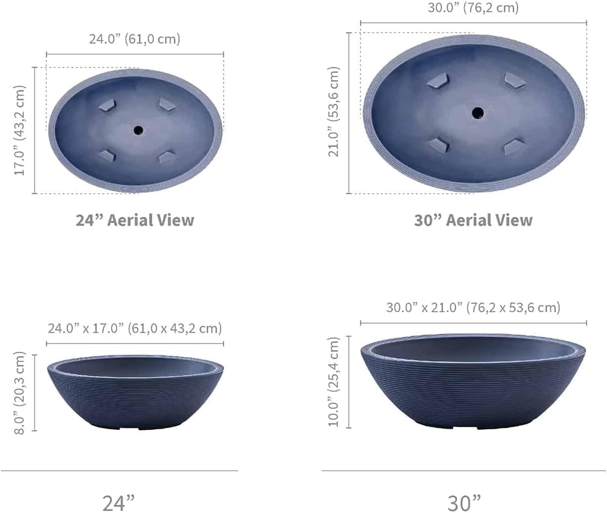 Crescent Garden Delano Oval Planter Bowl, Succulent Garden, Unique Indoor/Outdoor Double-Walled Plant Bowl with Plug- Oval Shape - 24" L x 17" W x 8" H (Slate)