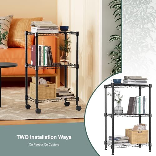 3 Tier Shelf Metal Storage Shelves Wire Rack Closet Organizers with Wheel for Garage Kitchen Bathroom Laundry Black 11.8" D x 17.7" W x 29.8" H
