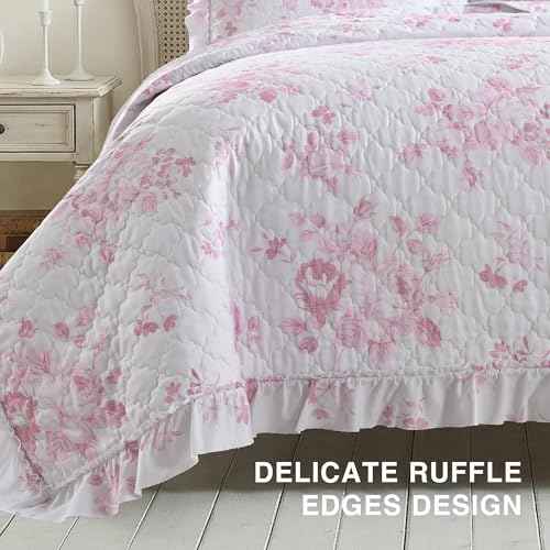 Pink Ruffled Quilt Queen Size with 2 Pillow Shams