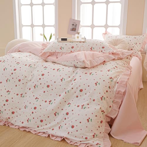 Strawberry Print Comforter Set Pink White Ruffled Bedding Comforter Full Size Soft Fluffy Floral Bedding Set Kawaii Strawberry Fruit Comforter Set for Kids Girls Lightweight and Cozy for All Seasons