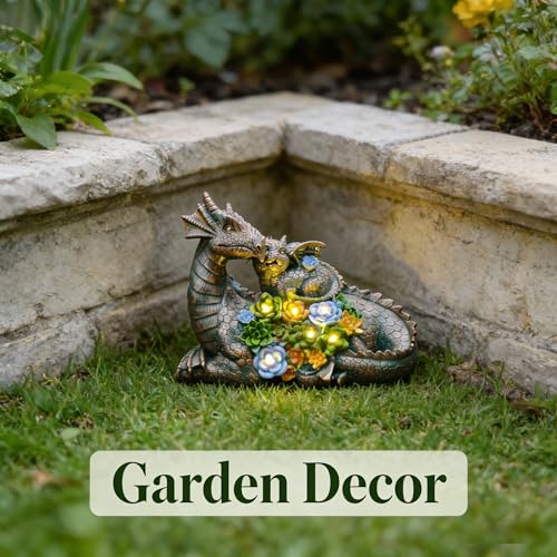 JOYBEE Dragon Solar Garden Statues Outdoor Decoration with Succulent and 6 LED Lights