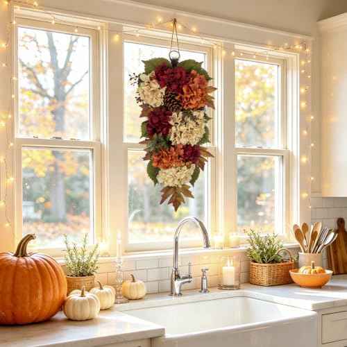 23" Fall Teardrop Swag Small Fall Hydrangea Wreath for Front Door Outside