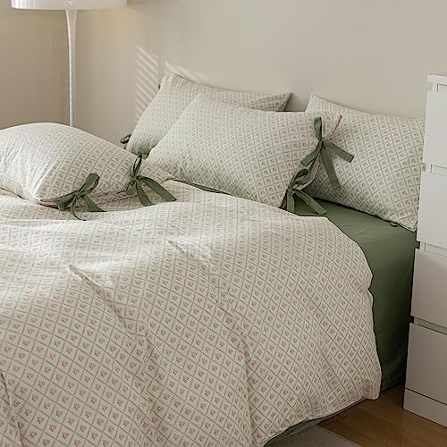 Botanical Pink Flower Comforter Set with Plaid Grid Prints Aesthetic Floral Comforter Set King Size Vintage Country Style Coquette Bedding Comforter King with 2 Bow Tie Pillowcases All Season (3 Piece Set)