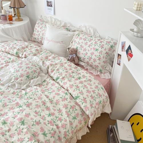 Queen Comforter Set Romantic Ruffle Pink Floral Bedding Comforter with 2 Pillowcases Vintage Botanical Flowers Comforter Set Farmbouse Cottagecore Bedding Ruffle Comforter for All Seasons