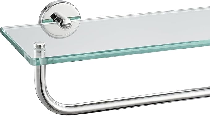 JQK Bathroom Glass Shelf Polished Chome, Shelf with 19 Inch Towel Bar Tempered Glass Shower Storage 20 by 5 inches, 304 Stainless Steel Silver Finish Wall Mount, TGS100L20-CH
