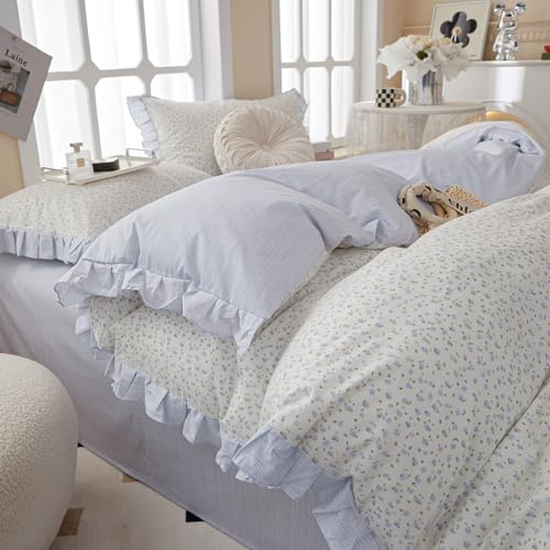 King Comforter Set Blue Floral Comforter King Vintage Floral Bedding Comforter Boho Ruffle Comforter Set Cottagecore Flower Botanical Comforter with 2 Pillowcases Fluffy Soft Comfy Comforter Set