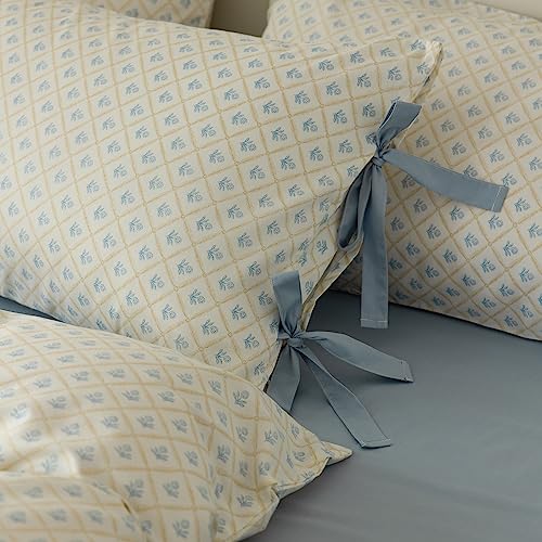 Blue Floral Comforter Set Twin XL Cute Flower Comforter Set Cottagecore Botanical Bedding Comforter Twin XL for Teens Girls Aesthetic White Blue Grid Comforter with 2 Bow Ties Pillowcases