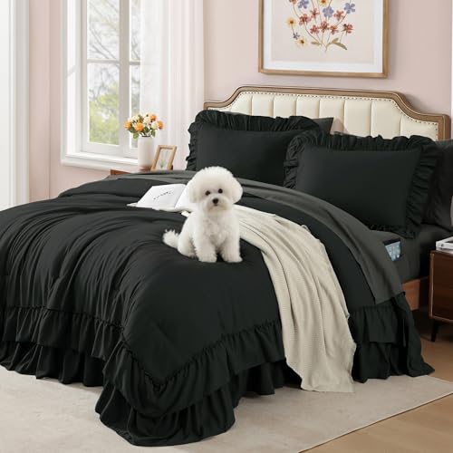 Full Size Comforter Set Black Ruffle 7 Pieces Farmhouse Bed in a Bag