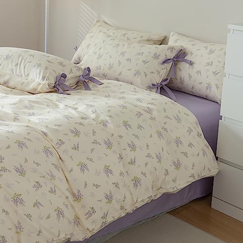 Lilac Floral Comforter Set Full Size Purple Flower Comforter with 2 Bow Ties Pillowcases Cute Floral Bedding Set Vintage Botanical Comforter Set for Girls Women Soft Fluffy Bed Set for All Season