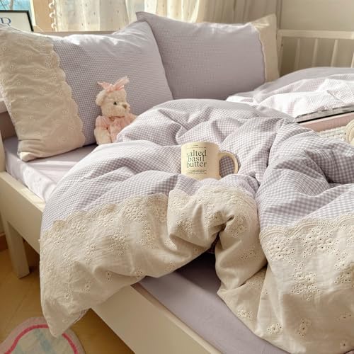 Purple Gingham Comforter Set Twin XL Fluffy Soft Princess Style Girls Lace Bedding Set Cottagecore Cute Plaid Checkered Comforter with 2 Pillowcases Chic Gingham Bedding Grid Comforter Set