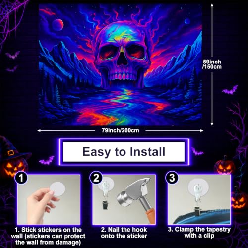 Blacklight Tapestry Skull Mountain Wall Hanging 78 x 59 Inch