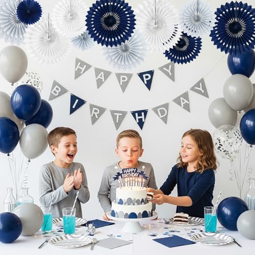 Honeycomb Round Paper Fan Blue Gray White Hanging Party Decoration (11 Count)