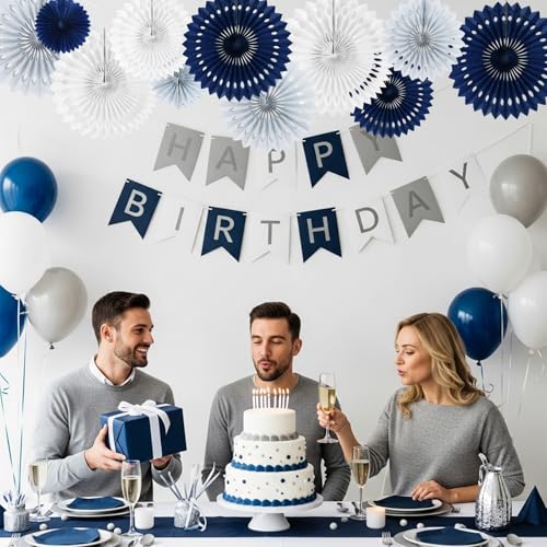 Honeycomb Round Paper Fan Blue Gray White Hanging Party Decoration (11 Count)
