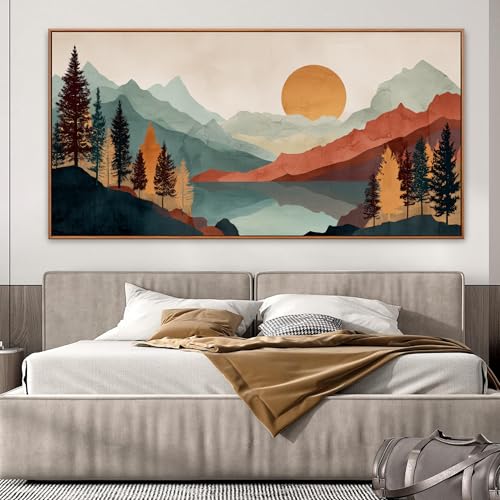 Large Abstract Boho Wall Art For Living Room Canvas Art Wall Decor Artwork Mountain Forest Landscapes Abstract Art Colorful Wall Art Painting Prints Home Wall Decor 29"×58" With Framed