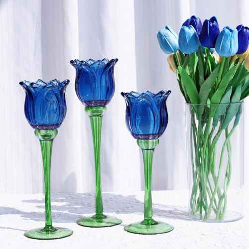 Blue Flower Tealight Candle Holder Set of 3