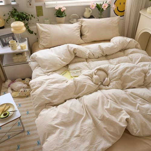 Tan Gingham Comforter Set Full Romantic Lace Style Beige Taupe Plaid Comforter Set 3 Pieces Vintage Checkered Grid Comforter with 2 Pillowcases Fluffy Soft Farmhouse Gingham Bedding Set