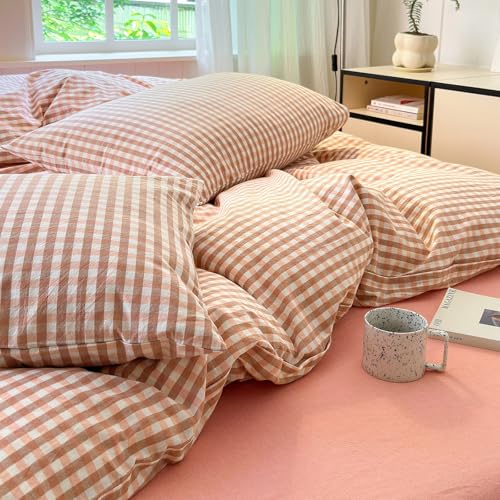 Queen Comforter Set 3 Pieces Pink Gingham Comforter Modern Style Blush Plaid Comforter Set Fluffy Soft Farmhouse Gingham Bedding Grid Checkered Comforter Queen with 2 Pillowcases