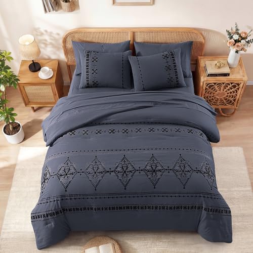 King Size Comforter Set Embroidery Floral 7 Pieces Bed in a Bag