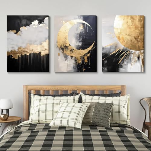 3Pcs Framed Black and Gold Abstract Canvas Wall Art (3 Count)