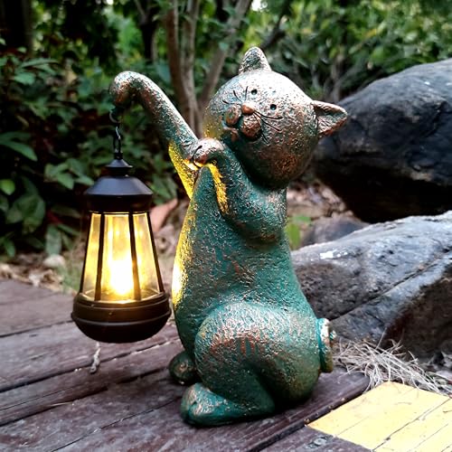 Cat Garden Statue Outdoor Décor with Solar Lights Lantern