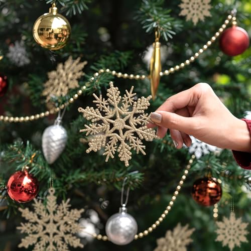 60pcs Christmas Champagne Gold Snowflake Ornaments Plastic Glitter Snow Flakes Ornaments for Winter Christmas Tree Decorations Size Varies Craft Snowflakes (60 Count)