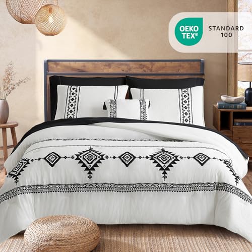 Embroidery Queen Comforter Set 7 Pieces White Western Bed in a Bag
