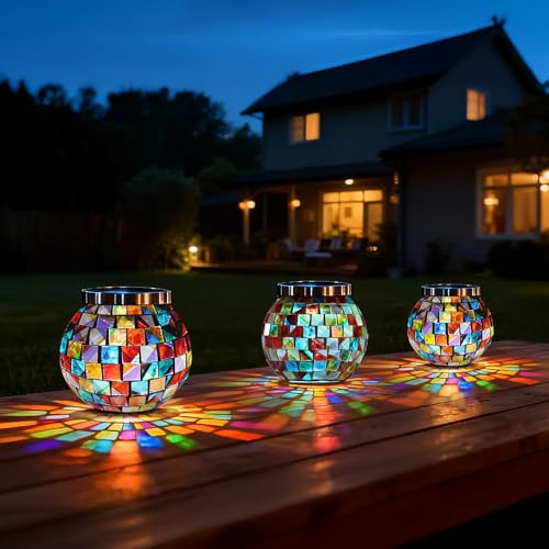 2 Pack Gift for her him Landscape Lighting Path Lights Heavy Solar Mosaic Lantern with RGB Color (2 Count)