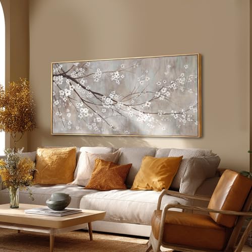 Plum blossom Wall Decor White Flowers Painting on Canvas Nature Wall Art for Bedroom 24"x 48" Wall Decorations for Living Room Office