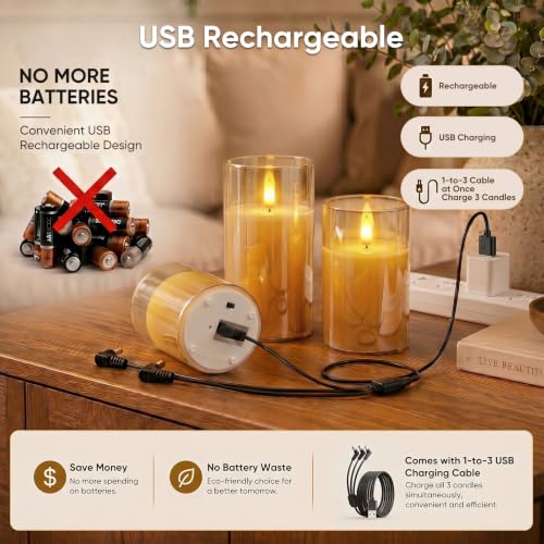 Rechargeable Amber Glass Flameless Candles with Remote Timer