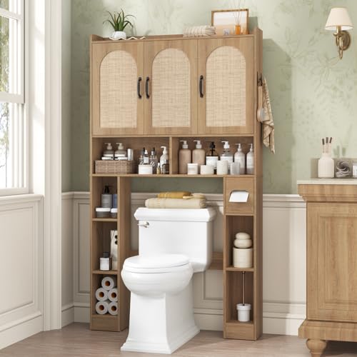 Over The Toilet Storage Cabinet with 3 Rattan Barn Doors