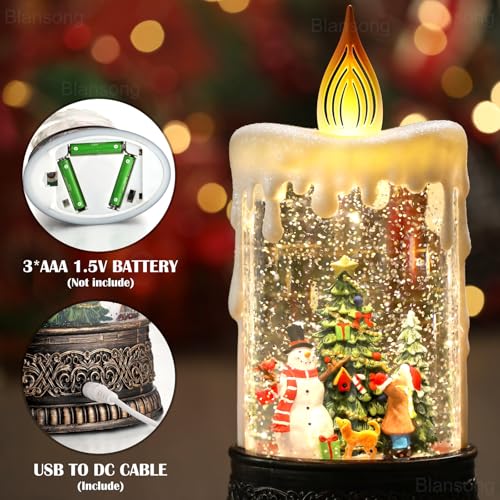 Christmas Snow Globe Candle Christmas Decorations Indoor Auto Snowfall Glitter Music Collection Snowman Child Tree with 6H Timer USB