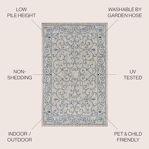 Vintage Filigree Indoor Outdoor Square Area Rug 5X5 Gray