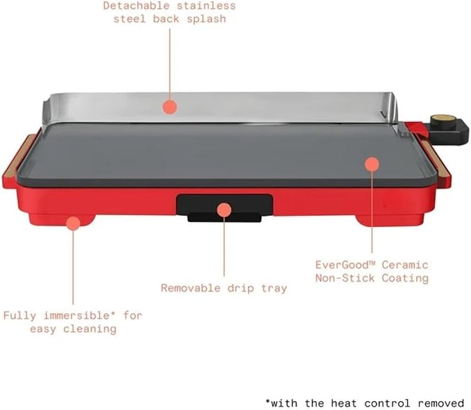 Electric Griddle 12x22 Inch with Backsplash, Nonstick Cooking Surface, Adjustable Temperature Control (Tomato Red)