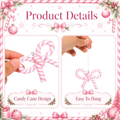 16 Pcs Pink White Bow Candy Cane Hanging Ornaments Christmas Tree Decor (16 Count)