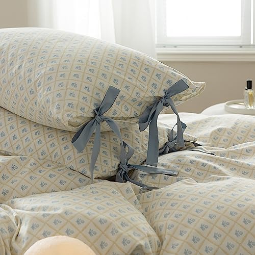 Blue Floral Comforter Set Twin XL Cute Flower Comforter Set Cottagecore Botanical Bedding Comforter Twin XL for Teens Girls Aesthetic White Blue Grid Comforter with 2 Bow Ties Pillowcases