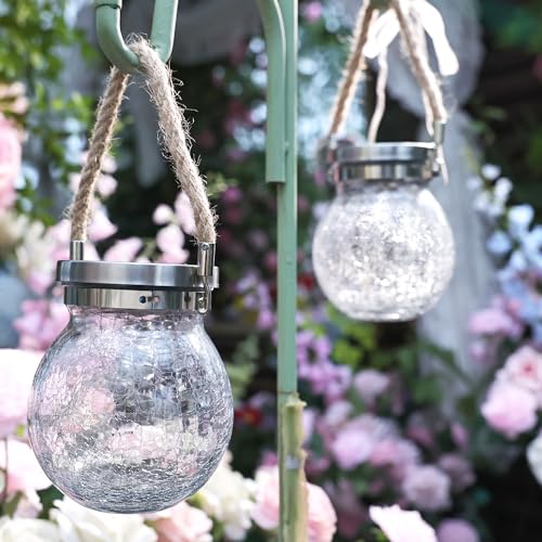 Gifts for her him 2 Pack Solar Lanterns Outdoor Waterproof Heavy Crackle Glass 30 LED Warm Firefly Lights Stainless Steel Lid 215% Solar for Women Mom Grandma Outdoor Lamps Garden Yard Decor (2 Count)