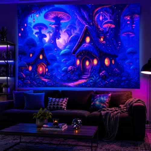 Blacklight Tapestry Mushroom Fairy UV Wall Art 78 x 59 Inch